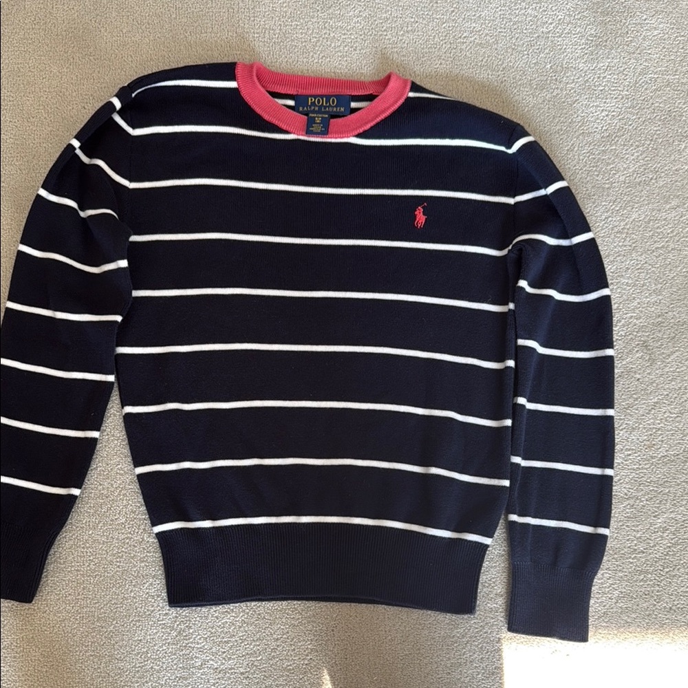 Polo by Ralph Lauren Blue and White Stripe Crewneck Sweater Boys Size  8